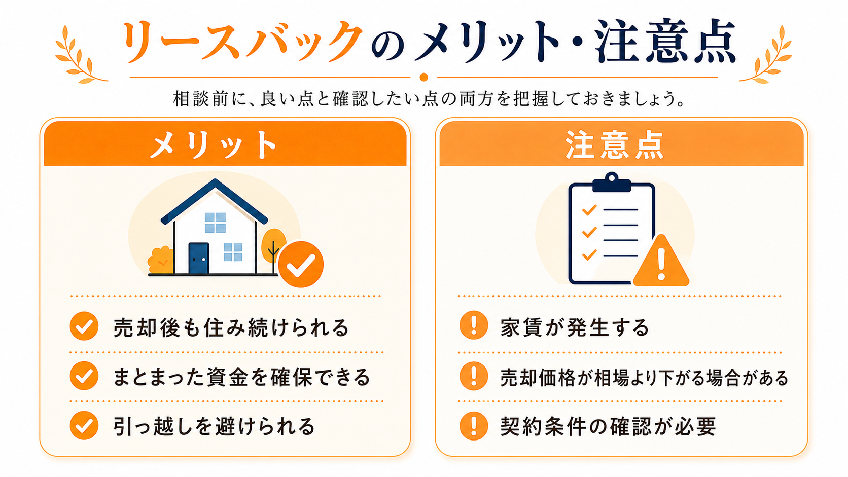 リースバックのメリットと注意点を比較した図解