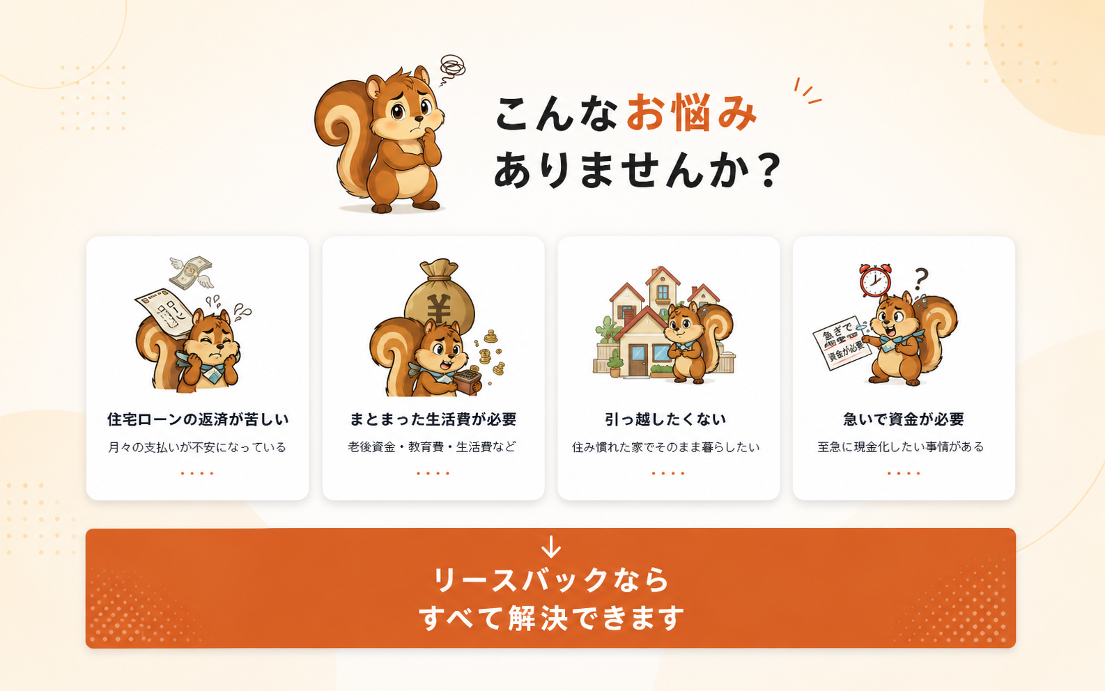 こんな悩みありませんか？住宅ローンの返済、生活費、引っ越し、急な資金の悩みをリースバックで解決できます。